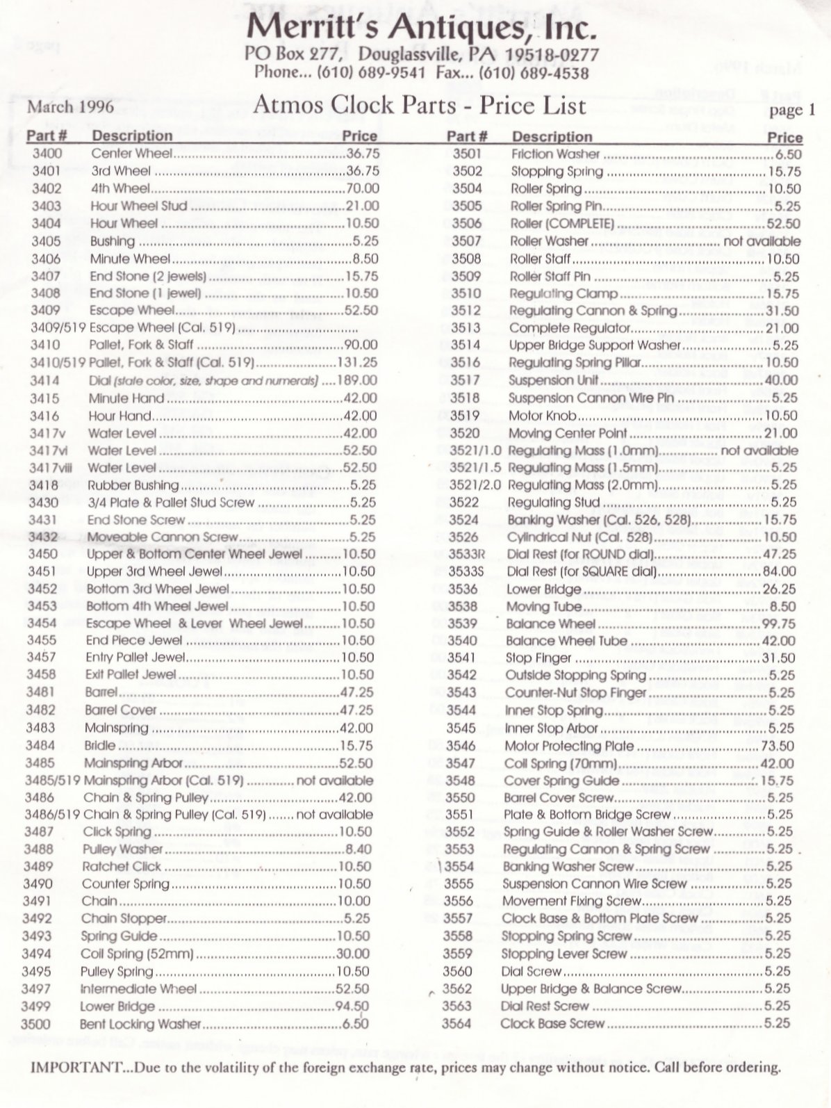 1996 Merritts price list for Atmos clock parts