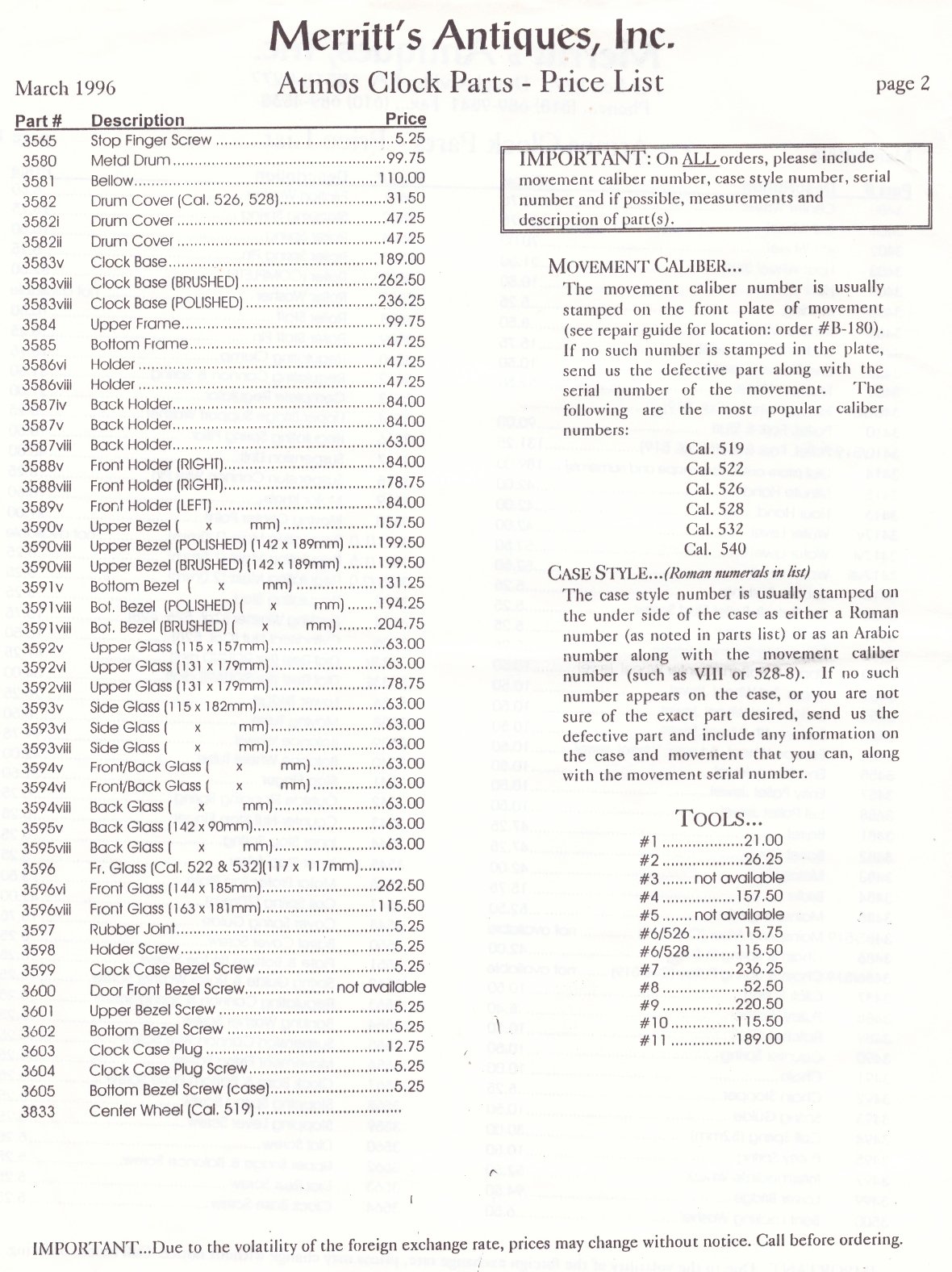 1996 Merritts price list for Atmos clock parts